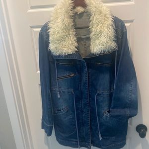 Some Days Lovin Oversized Distressed Denim, Faux Fur long Zippered Jacket M